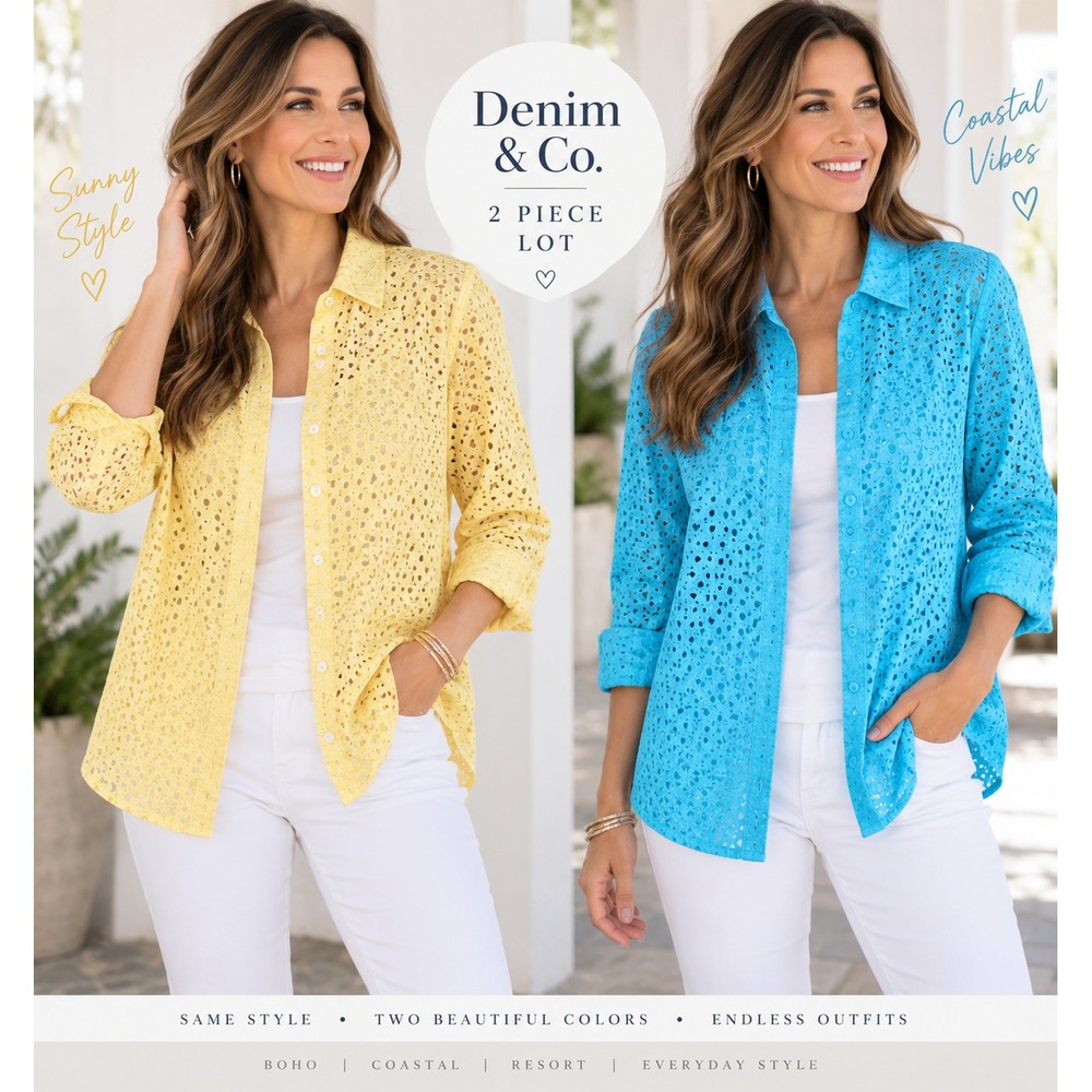 Denim & Co Eyelet Button Down Shirts XL Blue Yellow 2pc Lot Boho Coastal QVC